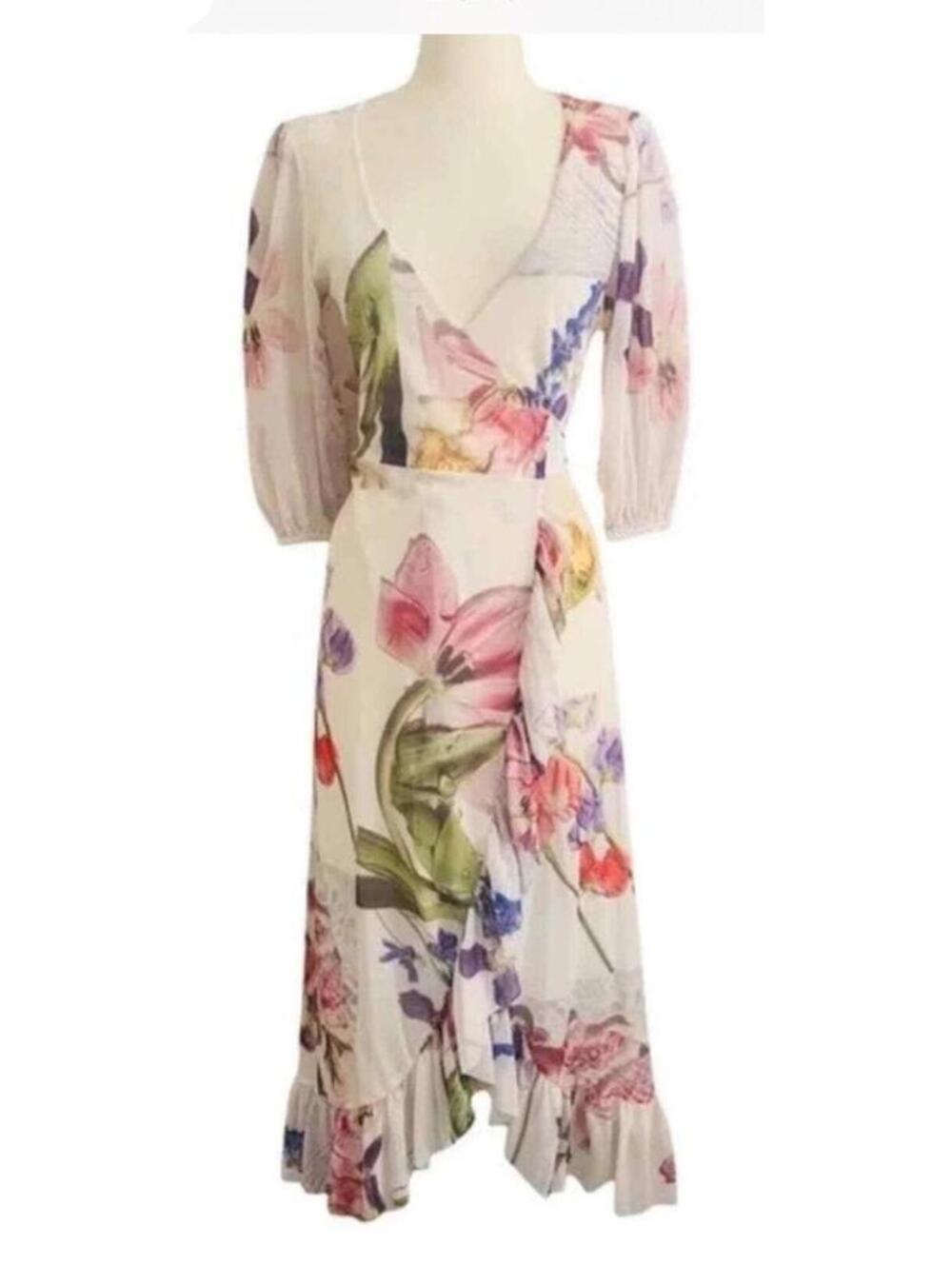 GANNI Tilden Mesh FloralPrint Wrap Dress Sz 36 Medium. chest 32"